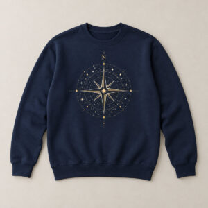 Navy Compass Rose Crew Sweatshirt with compact front chest panel print of a compass rose made of tiny stars and thin lines in ivory and gold, the letter N at the top, no other text
