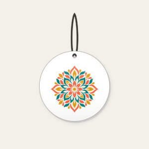 Petal Mosaic Kaleidoscope Ceramic Ornament in white: Symmetrical petal mosaics in coral, teal, mustard and cream.