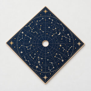 Star Chart Wooden Graduation Cap Topper with topper face with a navy star chart with tiny constellations in cream and gold