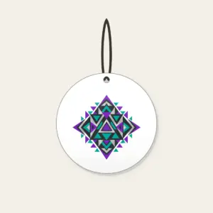 Violet and Teal Triangle Pattern Ceramic Ornament in white: A bold geometric pattern of triangles in violet, teal and silver on charcoal.