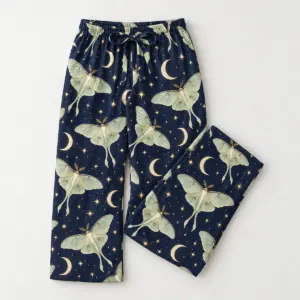 Midnight Moths Pajama Pants with an all-over pattern of pale luna moths and crescent moons on deep navy, with tiny star dots