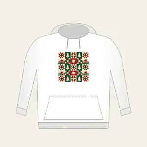 Cabin, Tree and Star Patchwork Hoodie in white: Patchwork squares hold simple cabin, tree and star motifs in red, cream and green.