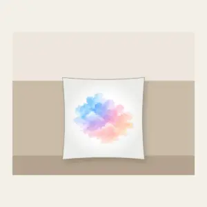 Watercolor Dawn Sky Gradient Pillow in white: A watercolor gradient drifts from pale blue to lilac to peach with cloud edges.