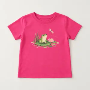 Heliconia Lagoon Frog Youth Tee with compact front chest panel print of a frog on a lily pad with a tiny dragonfly in green, pink and cream