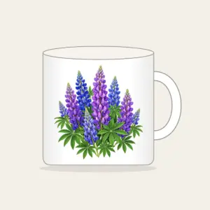 Lupine Spikes in Violet and Blue Mug in white: Tall lupine spikes in violet and blue rise among green leaves.