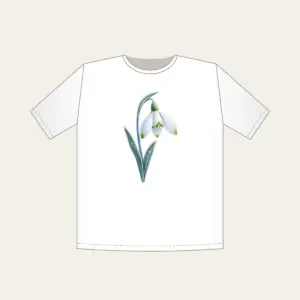 Frosted Snowdrop Blossom T-Shirt in white: A snowdrop flower with white petals, green tips and a pale blue stem, drawn with a delicate frost texture.