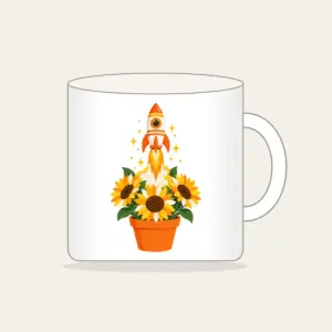 Striped Rocket in Sunflower Pot Mug in white: A small striped rocket lifts off from a pot of sunflowers in white, yellow and orange.