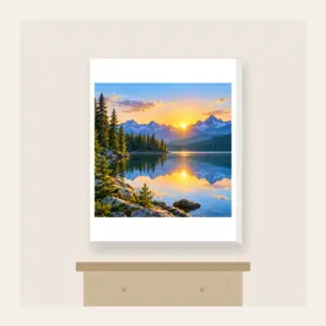 Quiet Lake at Sunrise with Pines Canvas Print in white: A calm lake at sunrise with a pine shoreline, edged by a thin white border.