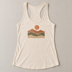 Natural Sunrise Ridge Racerback Tank with compact front chest panel print of a sun above three layered ridges in terracotta, olive and sand