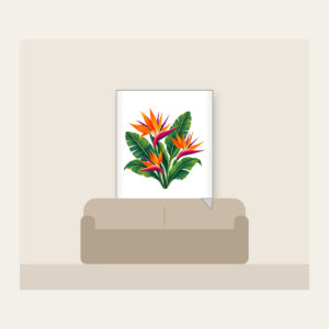 Bird of Paradise and Banana Leaves Fleece Blanket in white: Orange and magenta bird of paradise flowers with banana leaves stand on cream.