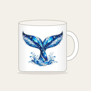 Whale Tail with Prismatic Shimmer Mug in white: A whale tail in blue and silver with tiny stars and a prismatic broken-glass shimmer.
