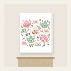 Teapots and Tiny Flowers Canvas Print in white: Cheerful teapots and little flowers in pink and mint scatter across a cream ground.