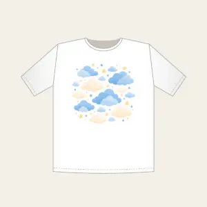 Cloudy Night Sky with Tiny Stars T-Shirt in white: Gentle clouds and tiny stars drift across blue and cream.