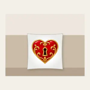 Heart and Keyhole in Red and Gold Pillow in white: A small heart with a keyhole in red and gold on a clean ground.