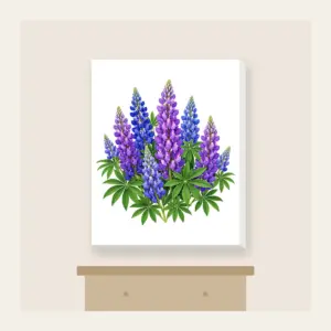 Lupine Spikes in Violet and Blue Canvas Print in white: Tall lupine spikes in violet and blue rise among green leaves.