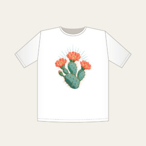 Prickly Pear with Three Coral Blossoms T-Shirt in white: A prickly pear cactus with three coral blossoms and fine sun rays in weathered turquoise and coral.