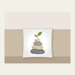 Cairn Stones with a Sprout Pillow in white: Stacked cairn stones in grey and sand, topped with a tiny green sprout.
