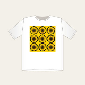 Nine Sunflowers in a Yellow Grid T-Shirt in white: A neat three-by-three grid of nine sunflower circles in black and golden lines on a yellow ground.