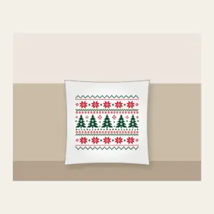 Fair Isle Pines and Stars in Red Pillow in white: Knit-inspired rows of pines and stars in red, cream and green repeat in tidy bands.