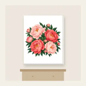 Big Peonies on Deep Green Canvas Print in white: Large peonies in blush and coral with leaves on a dark green ground.