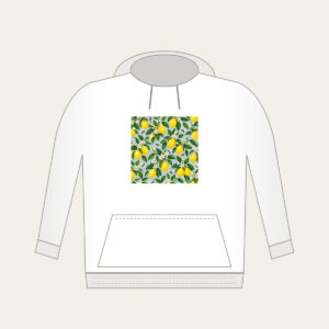 Lemon and Bee Garden Repeat Hoodie in white: A repeat of lemons, glossy leaves and tiny bees in yellow and green on a pale blue-grey ground.