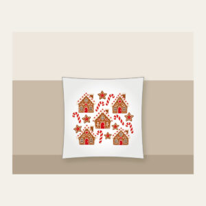 Gingerbread Houses and Candy Canes Pillow in white: Little gingerbread houses, candy canes and stars dance across cream in brown and red.