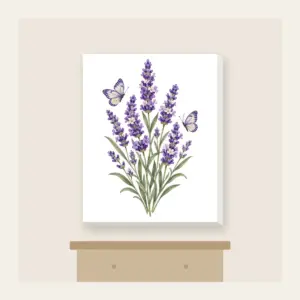 Lavender Stems and Two Butterflies Canvas Print in white: Tall lavender stems rise beside two small butterflies in violet, cream and sage.