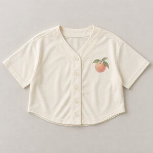 Peach Crest Cropped Baseball Jersey with small flat printed peach crest with two leaves at the left chest of a plain cream jersey