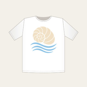 Cream Spiral Shell Over Blue Currents T-Shirt in white: A cream spiral shell above three pale-blue flowing current lines.