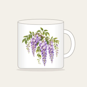Drooping Wisteria Clusters on Cream Mug in white: Drooping wisteria clusters in lilac and violet with green leaves on a cream base.