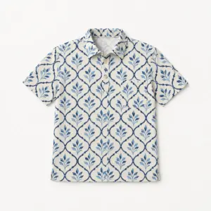 Terrace Trellis Pocket Polo (Lightweight) with all-over trellis lines and small leaves in navy, sky blue and cream