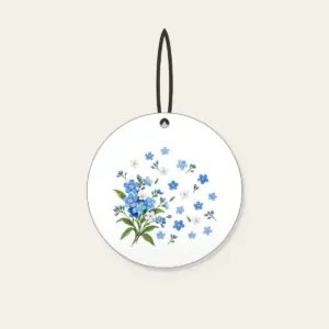 Forget-Me-Not Scatter Ceramic Ornament in white: Small forget-me-not flowers in blue and white drift across the space, with a larger sprig in one corner.
