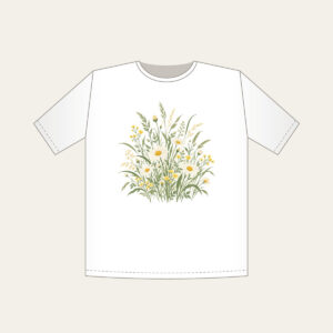 Meadow Grass and Daisy Field T-Shirt in white: A flat meadow of swaying grasses and small daisies in sage, cream and butter yellow.