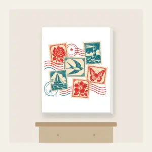 Vintage Postage Collage Canvas Print in white: Vintage postage stamps with a wavy postmark in teal, cream and red.