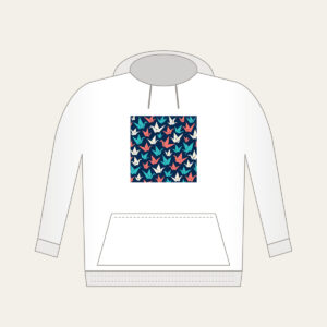 Origami Cranes on Navy Hoodie in white: Folded paper cranes in coral, teal and cream scatter across a navy ground.