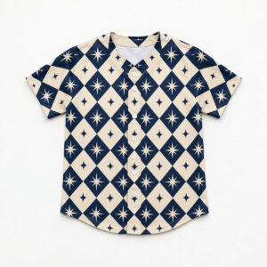 Starry Diamond Kids Baseball Jersey with all-over diamonds and stars in navy and cream