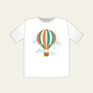 Striped Hot Air Balloon T-Shirt in white: A hot air balloon with coral, teal and gold stripes drifts above small clouds, a tiny basket below.