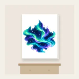 Northern Lights over Starry Navy Canvas Print in white: Flowing aurora bands in green, teal and violet sweep over a deep navy sky dotted with tiny stars.