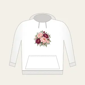 Blush and Plum Peony Clusters Hoodie in white: Full peony clusters in blush, plum and sage drift across the artwork in an all-over pattern.