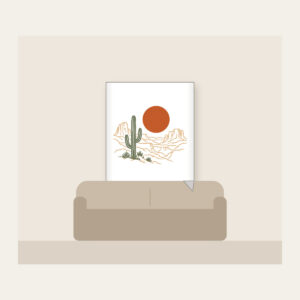 Desert Sun and Canyon Lines Fleece Blanket in white: A rust-orange sun disc over sparse canyon contour lines and one sage cactus silhouette, flat screen look.