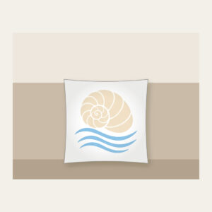 Cream Spiral Shell Over Blue Currents Pillow in white: A cream spiral shell above three pale-blue flowing current lines.