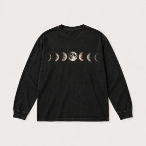 Bleach Moon Phases Long Sleeve Tee with bleach-effect row of seven visible moon phases across the chest in off-white and faint rust