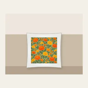Marigolds and Butterflies on Sage Pillow in white: An all-over repeat of marigolds and small butterflies in orange and yellow on a sage ground.