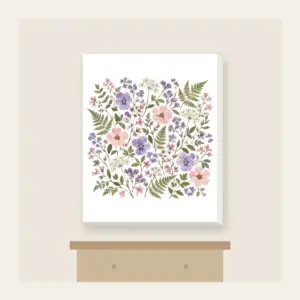 Pressed Posies and Ferns Canvas Print in white: Pressed-flower posies and ferns in lilac, blush and sage arranged all over a cream ground.
