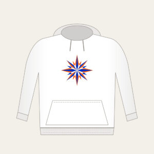Cobalt Starburst Pattern Hoodie in white: A starburst pattern in cobalt and orange over a cream field.
