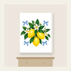 Lemons with Gingham Corners Canvas Print in white: Bright yellow lemons and deep green leaves on a clean white ground, tucked with small blue gingham accents.