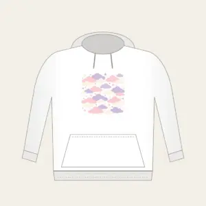 Lilac Cloud Rows Hoodie in white: Rows of clouds in lilac, blush and cream with small stars between.