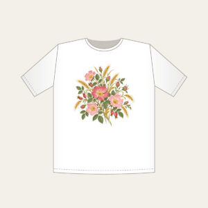 Prairie Roses and Wheat on Cream T-Shirt in white: Prairie roses and wheat stalks in rose, gold and sage scatter across a cream ground.