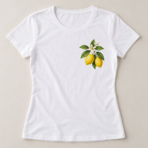 Citrus Grove Women's Tee with compact chest print of a lemon branch with two lemons, glossy leaves and a small blossom in lemon yellow, leaf green and cream