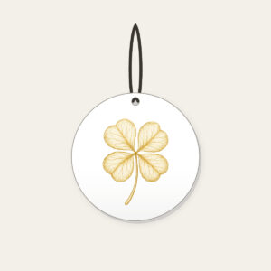 Four-Leaf Clover Botanical Plate Ceramic Ornament in white: A four-leaf clover with its roots, drawn in cream and gold line art in the style of a botanical plate.
